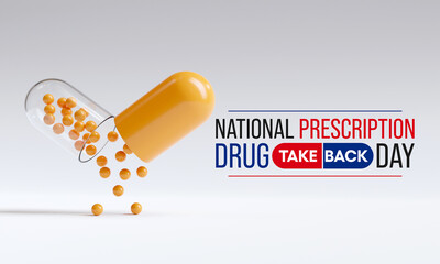 National Prescription drug take back day is observed every year in April, it is a safe, convenient, and responsible way to dispose of unused or expired prescription drugs. 3D Rendering  - obrazy, fototapety, plakaty