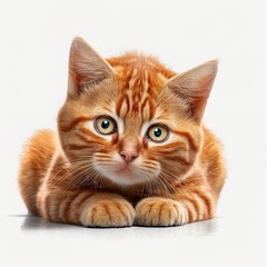 Cute little red house cat, laying down. Looking curious towards camera. Isolated cutout on a transparent background. red striped mammal pet portrait prick-ears meow kitty white Generative AI