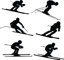 set alpine skiing athlete black silhouette on white background, sports vector illustration - obrazy, fototapety, plakaty