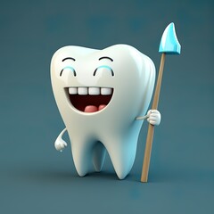 Happy tooth cartoon character with teeth toothpaste laugh smiley hands white healthy with a toothpick wide strong dental dentist  Generative AI
