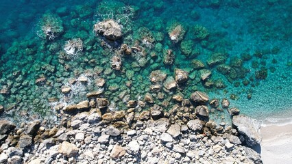 Aerial view of rocky mountains coast Panoramic top sea view a drone Beautiful water on the beach