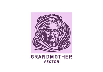 Vector pink logo. Portrait of a cute kind grandmother with glasses and beautifully flowing hair. Icon, emblem or sticker. White isolated background.