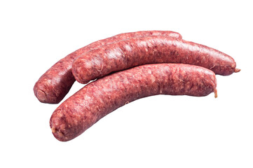 Raw beef meat sausages ready for cooking.  Isolated, transparent background