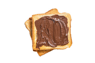 Toast with chocolate Hazelnut spread on wooden board.  Isolated, transparent background