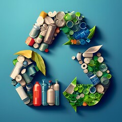 A recycling logo made up of various recyclable items - obrazy, fototapety, plakaty