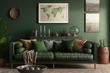 An inviting green sofa with pillows is framed by a copy space wall in a living room with a beige color scheme. Hygge apartment with Tibetan singing bowls on an antique coffee table and a leather sofa