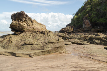 Fototapeta na wymiar Cliff in Bako national park, sunny day, blue sky and sea. Vacation, travel, tropics concept