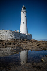 Obraz premium St Mary's Lighthouse on the coast under the blue sky and its reflection on the surface of water
