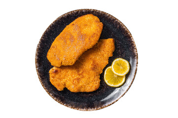 Roasted breaded german weiner schnitzel on a plate.  Isolated, transparent background - obrazy, fototapety, plakaty