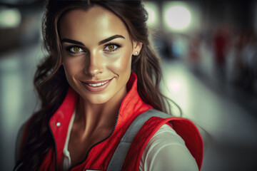 smiling young Caucasian brunette with long hair in her 30s and 40s looking at the camera in a red safety waistcoat against an out-of-focus background, working woman concept