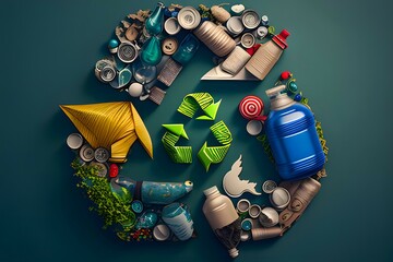 A recycling logo made up of various recyclable items - obrazy, fototapety, plakaty