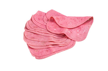 Thin slices of pork ham on a wooden kitchen table. Isolated, transparent background