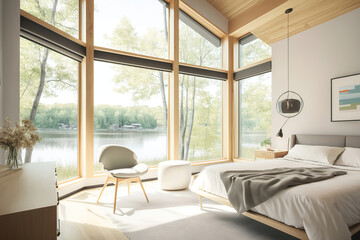 Fototapeta na wymiar modern bright light luxury bedroom in the forest house overlooking to the beautiful lake, generative ai