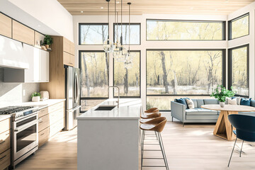 Fototapeta na wymiar modern bright light luxury kitchen in the forest house overlooking to the beautiful lake, generative ai