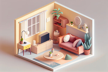 Generative AI 3d of a miniature isometric dining room in a box cutout on a white background