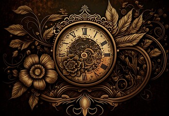 Obraz premium Steampunk Taschenuhr, goldene Farben, altes Ziffernblatt, floraler Stil um die Uhr herum, Wallpaper Hintergrund, kreative Illustration
