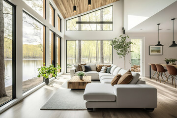 Fototapeta premium modern bright light luxury living room in the forest house overlooking to the beautiful lake, generative ai