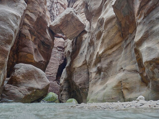 river bed of the wadi mujib close to the dead sea.