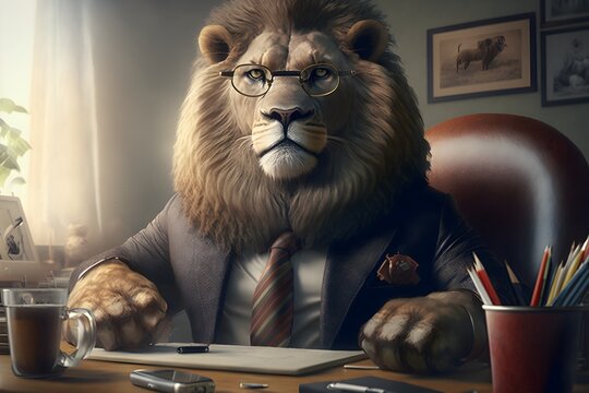 grimmiger L&ouml;we sitzt am Schreibtisch und tr&auml;gt eine Brille, wirkt wie ein Boss einer gro&szlig;en Firma, realistischer Stil, 3d Illustration