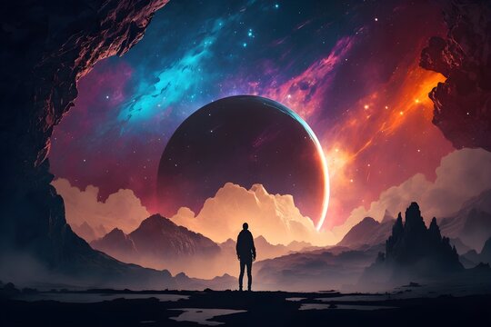 Wallpaper, Silhouette eines Mannes steht vor einem großen Planeten, Galaxis mit bunten Neonfarben, mysteriöse Stimmung, Wolken und Berge, kreative 3d Illustration