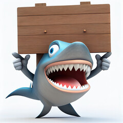 Funny standing Shark cartoon character holding with his paws a blank sign. Generative AI. 