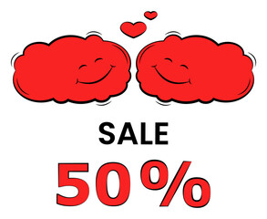 Sale label. On sale. 50 percent off. Red clouds