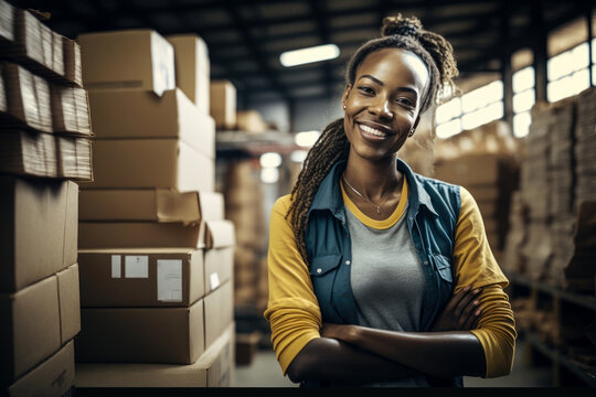 Smiling Young Afroamerican Woman Worker in a Warehouse with Boxes in the Background. Concept of Labor Diversity and Integration