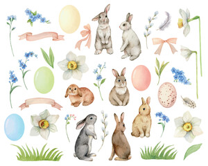 A set of vector watercolor Easter elements in pastel colors. - obrazy, fototapety, plakaty
