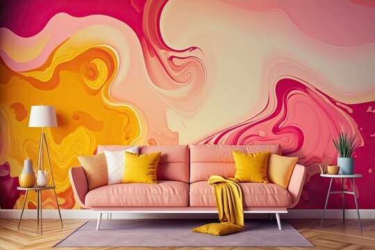 Popular Pink Stunning Neon Watercolor Wallcoverings. Orange Sunrise Liquid Splatter Gradient In Pastel Hues. Fluid Peach Flow At Sunset Red Swirl Background. Yellow Flawless, Color Coordinated Curves