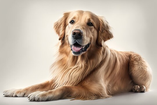 This studio portrait of a relaxed Golden retriever features the dog's hanging tongue as it relaxes against a white backdrop. Generative AI