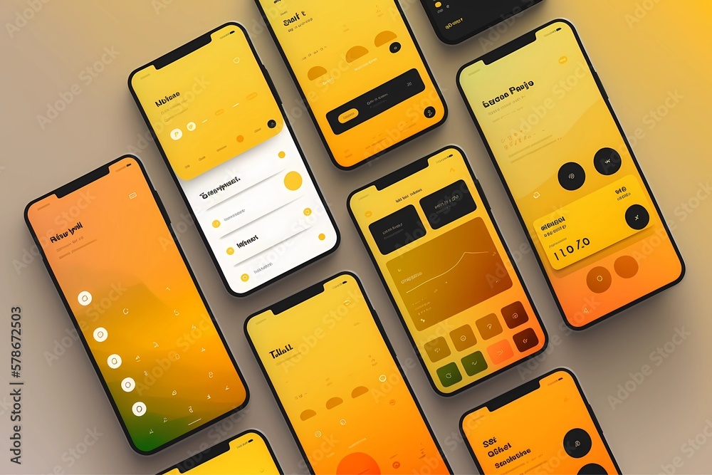 Wall mural modern yellow user interface design template. colorful mobile phone screen mock-up for application i