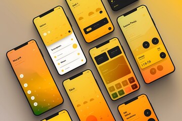 Modern yellow user interface design template. Colorful mobile phone screen mock-up for application interface. Aesthetic conceptual design. - obrazy, fototapety, plakaty