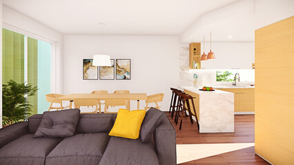 3D render of Contemporary Kitchen, Livingroom and Dinning room in Japandi style