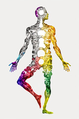 Full color silhouette illustration and chakras of a person in yoga pose. Valid as a poster design for yoga, reiki, zen rooms. created with Generative AI technology