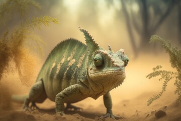 A chameleon, wild and hilarious, ambles across a sandy landscape against a hazy forest of green trees. The animal poses like a model in front of the camera. A little green animal. Generative AI