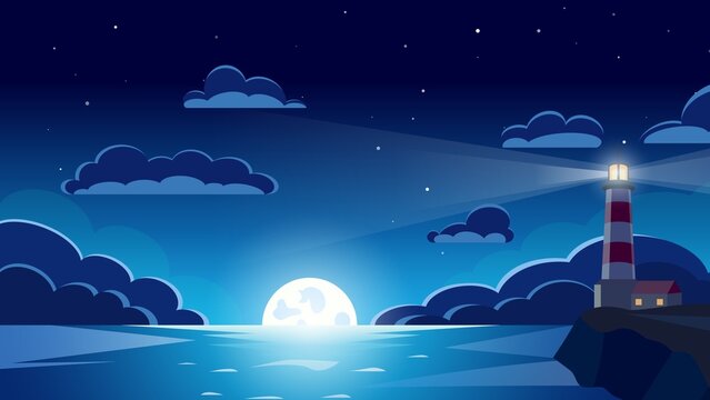 Black And Blue Illustration Lighthouse Full Moon And Stars Desktop Wallpaper Background 