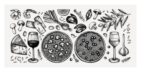 Naklejka premium Italian risotto cooking ingredients sketches collection. Wine drawings in vintage style. Hand drawn food and drinks vector illustrations. Classical Italian cuisine design elements for restaurant menu