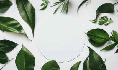 Cosmetic product presentation ad concept on white round template podium mockup for natural organic green eco forest fresh leaves nature flat lay background, trendy stylish minimalist Flatlay backdrop.