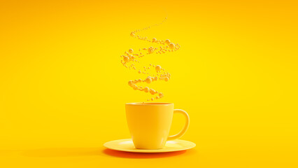 Yellow coffee mug and yellow circles gather together to form smoke. Designed in minimal concept. 3D Render.