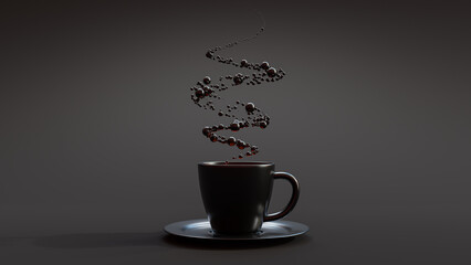 Black coffee mug and black circles gather together to form smoke. Designed in minimal concept. 3D Render.