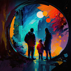 painting illustration of a family watching the moon rising in the winter - Generative AI
