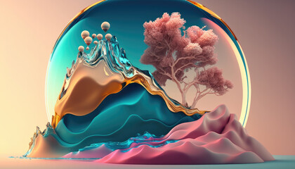 Abstract background illustration of a coloured floating liquid in the trend colours, gold, pink, and blue - Generative AI