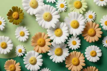 Fototapeta premium Floral camomile pattern on a blue background. Flatlay, top view, created by AI