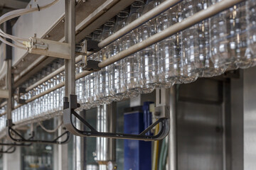 Closeup view of milk bottling line.