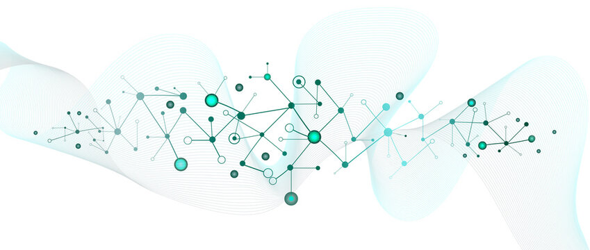 Abstract background of molecular structures. Molecules or DNA chain, genetic engineering, neural networks, innovative technologies, scientific research. Concept of technology, science and medicine.