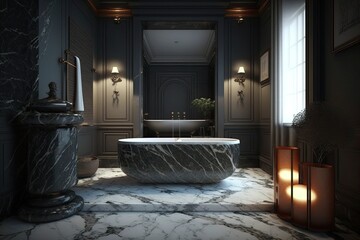 There is a large, deep tub in a luxurious bathroom with dark and light marble tiles. Generative AI