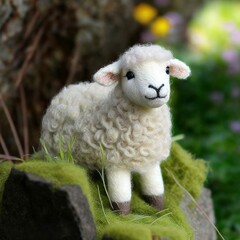 Fototapeta premium Little Felted Lamb, Cute Baby Sheep in Nature [Generative AI]