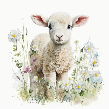 Cute Spring Lamb among Springtime Meadow Flowers, Watercolor Style Illustration  [Generative AI]