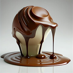 The chocolate bonbon dropping into liquid chocolate
