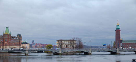 Stockholm Gamla Stan buildings at waterfront with reflections, Sweden